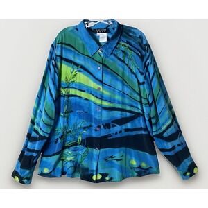 Christina Hope Art To‎ Wear 100% Silk Teal Embroidered Beaded Button Down Blouse